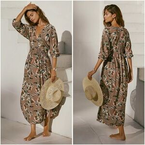 Anthropologie Malai Printed V-Neck Midi Dress Mauve Beachy Boho Tropical S NWT